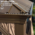 A close - up view of the roof edge of an outdoor gazebo, highlighting the water gutter system. The text "WATER GUTTER" is prominently displayed, with a description stating "water gutter to the ground by the outer poles." An arrow and dotted lines indicate the direction of water flow. The gazebo's frame and part of the curtain are also visible. Outdoor Gazebo Water Gutter: Efficient Drainage Solution. outdoor gazebo, water gutter, drainage system, outer pole, water flow.