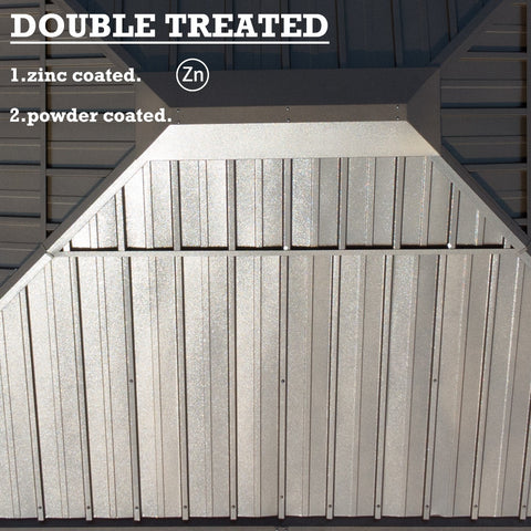An image showcasing the interior roof structure of an outdoor gazebo, highlighting its "DOUBLE TREATED" feature. The text indicates that the material is "1.zinc coated." and "2.powder coated." A symbol for zinc (Zn) is also displayed. Outdoor Gazebo: Double - Treated Roof for Durability.outdoor gazebo, double - treated, zinc coated, powder coated, durable roof.