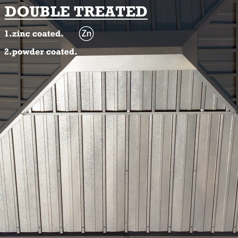 An image showcasing the interior roof structure of an outdoor gazebo, highlighting its "DOUBLE TREATED" feature. The text indicates that the material is "1.zinc coated." and "2.powder coated." A symbol for zinc (Zn) is also displayed. Outdoor Gazebo: Double - Treated Roof for Durability.outdoor gazebo, double - treated, zinc coated, powder coated, durable roof.
