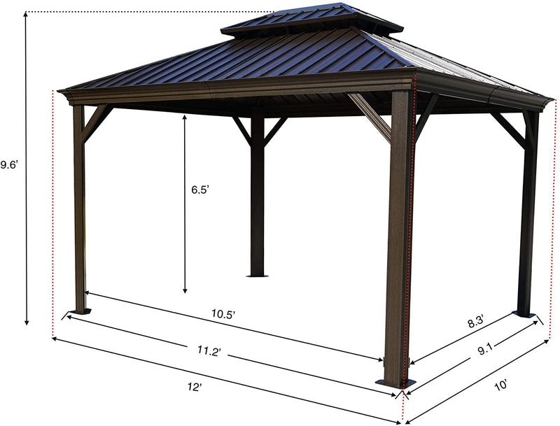 A technical illustration of a 10' x 12' outdoor gazebo with a dark - colored metal roof and wooden - toned frame. Red dotted lines and measurements indicate the dimensions of the gazebo: height of 9.6 feet, interior height of 6.5 feet, and various base lengths including 10.5 feet, 11.2 feet, 8.3 feet, 9.1 feet, 12 feet, and 10 feet.10' x 12' Outdoor Gazebo: Precise Dimensions. outdoor gazebo, 10x12 gazebo, gazebo dimensions, metal roof, wooden frame.