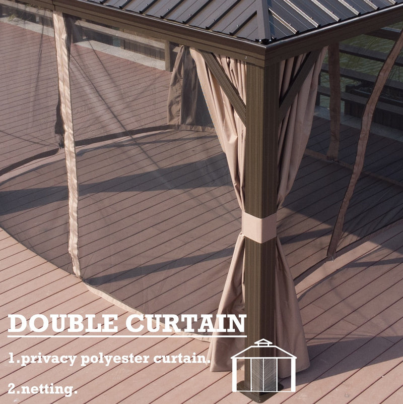 A close - up view of an outdoor gazebo featuring its double - curtain system. The text "DOUBLE CURTAIN" is prominently displayed, with descriptions indicating "1.privacy polyester curtain." and "2.netting." The curtains are tied back, revealing the gazebo's interior and the wooden deck it is situated on.Outdoor Gazebo: Double - Curtain for Privacy and Protection. outdoor gazebo, double curtain, privacy polyester curtain, netting, gazebo curtain.