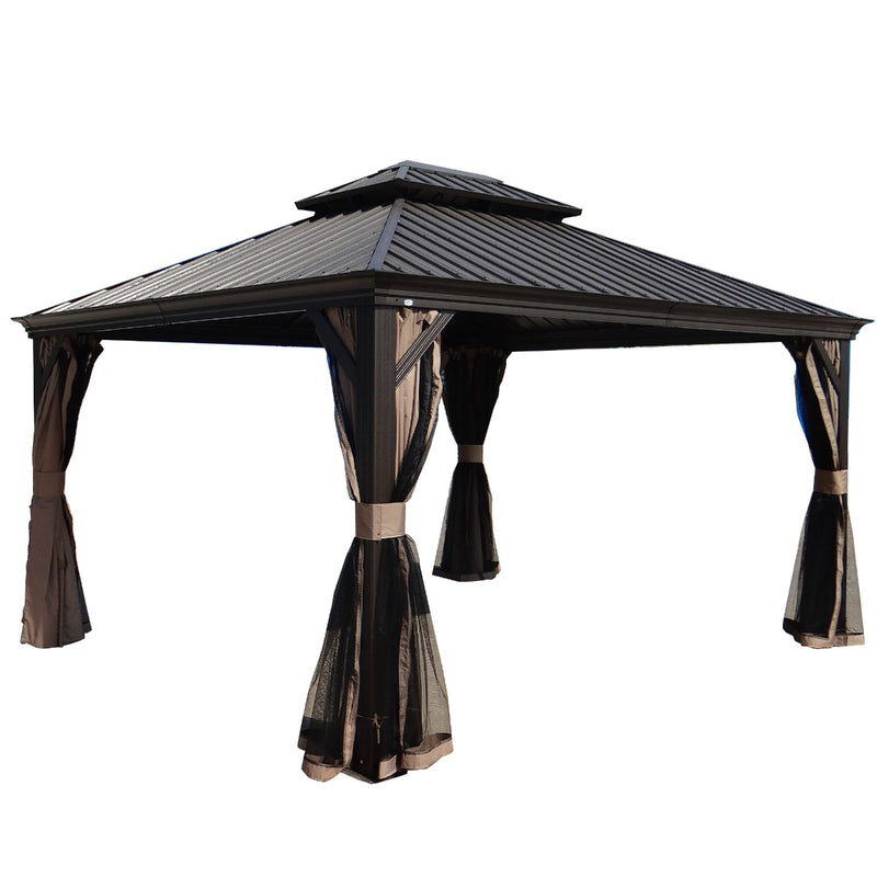 Kozyard Alexander Hardtop Aluminum Permanent Gazebo with a Mosquito Net and Privacy Sidewalls (Alexander 12'x14' (Brown))