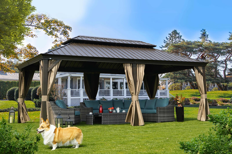 Kozyard Alexander 12'x20' Extra Large Hardtop Aluminum Permanent Gazebo with a Mosquito Net and Privacy Sidewalls (Alexander 12‘x20' Brown) Commercial Use or for Big Party