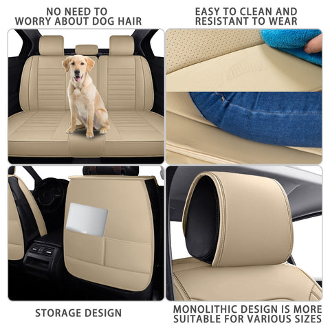 Title: Beige Car Seat Covers for Dogs - Easy Clean, Durable, Storage Design
Alt Text: Beige car seat covers with a dog, featuring easy cleaning, wear resistance, storage pockets, and a monolithic design for various sizes.
Keywords: car seat covers, dog-friendly, beige, easy clean, durable, storage design, pet accessories, vehicle protection