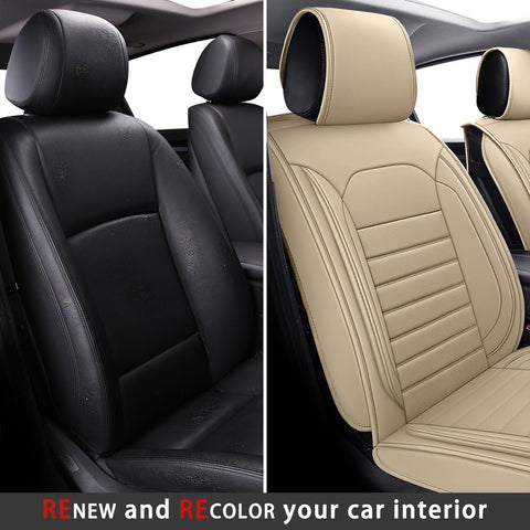 Title: Transform Your Car Interior with Beige Seat Covers  
Alt Text: Before and after view of car seats, from worn black to renewed beige seat covers, refreshing the interior.  
Keywords: car seat covers, beige, car interior renewal, seat cover transformation, automotive upgrade, interior refresh