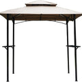 An outdoor barbecue gazebo with a beige canopy supported by black metal frames. The structure features two side - mounted shelves, ideal for holding grilling tools and ingredients. The design provides a shaded area for outdoor cooking activities. Beige - Canopied Outdoor Barbecue Gazebo with Shelves. outdoor barbecue gazebo, beige canopy, black metal frames, side shelves, outdoor cooking