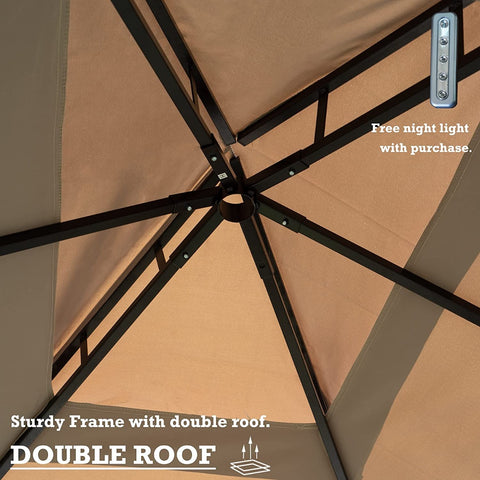 An interior view of an outdoor barbecue gazebo showcasing its sturdy black metal frame and beige double - roof canopy. The text highlights two key features: a free night light included with purchase and the sturdiness of the double - roof frame.Sturdy Double - Roofed Outdoor Barbecue Gazebo with Free Night Light Offer. outdoor barbecue gazebo, double roof, sturdy frame, free night light, beige canopy