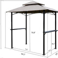 A beige - canopied outdoor barbecue gazebo with black metal frames and two side shelves. Dimensions are marked: the overall height is 94.5 inches, the height from the ground to the lower part of the shelf is 38.2 inches, and the width between the legs is 72.8 inches, etc. Dimensioned Outdoor Barbecue Gazebo with Shelves. outdoor barbecue gazebo, beige canopy, black metal frame, side shelves, dimensions.