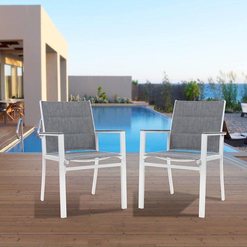 Modern Outdoor Patio Chairs by the Pool
Two modern outdoor patio chairs with white frames and gray fabric, positioned on a wooden deck beside a swimming pool. Keywords: outdoor chairs, patio furniture, poolside