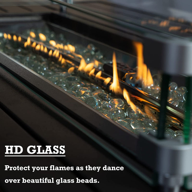 A close - up view of the flame area of an outdoor fire pit table, showcasing golden - hued glass beads amidst the flames. The text below highlights that the tabletop is made of exquisitely patterned aluminum, emphasizing its strength and elegance. Elegant Aluminum - Topped Outdoor Fire Pit Table . outdoor fire pit table, aluminum tabletop, glass beads fire pit, elegant patio furniture, strong fire pit
