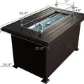 This image shows a rectangular outdoor fire pit table with measurements labeled. The table has a dark - colored wicker base and a slatted tabletop. The fire pit area is equipped with a glass wind - guard. Dimensions include a length of 43.3 inches, width of 24.4 inches, and height of 27.5 inches, with additional measurements for the fire pit and glass guard. Outdoor Fire Pit Table with Dimensions. outdoor fire pit table, wicker fire pit, glass - enclosed fire area, fire pit dimensions, patio heating furnit
