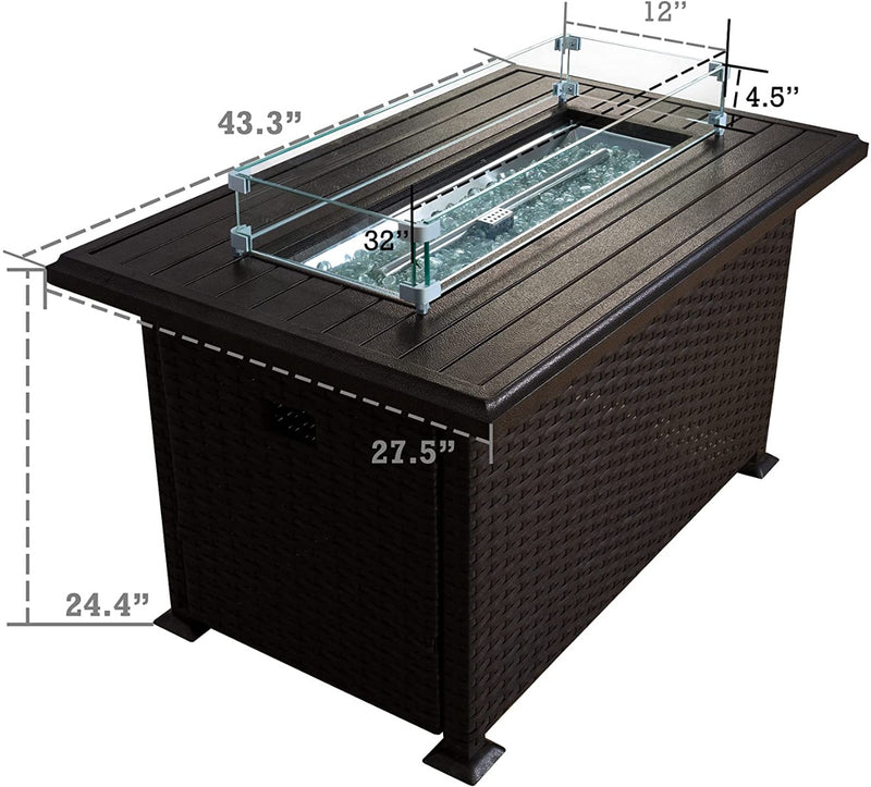 This image shows a rectangular outdoor fire pit table with measurements labeled. The table has a dark - colored wicker base and a slatted tabletop. The fire pit area is equipped with a glass wind - guard. Dimensions include a length of 43.3 inches, width of 24.4 inches, and height of 27.5 inches, with additional measurements for the fire pit and glass guard. Outdoor Fire Pit Table with Dimensions. outdoor fire pit table, wicker fire pit, glass - enclosed fire area, fire pit dimensions, patio heating furnit
