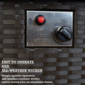 A close - up of the control panel on an outdoor wicker fire pit table. The panel includes a red ignition button labeled "IGNITER-PUSH" and a knob for adjusting the flame with settings from "LOW" to "HIGH." Instructions for lighting and operation are printed on the panel. The text below the image reads "EASY TO OPERATE AND ALL - WEATHER WICKER," highlighting the simple ignition process and the weather - resistant wicker material woven over an aluminum frame. User - Friendly Outdoor Fire Pit Table with Wicker