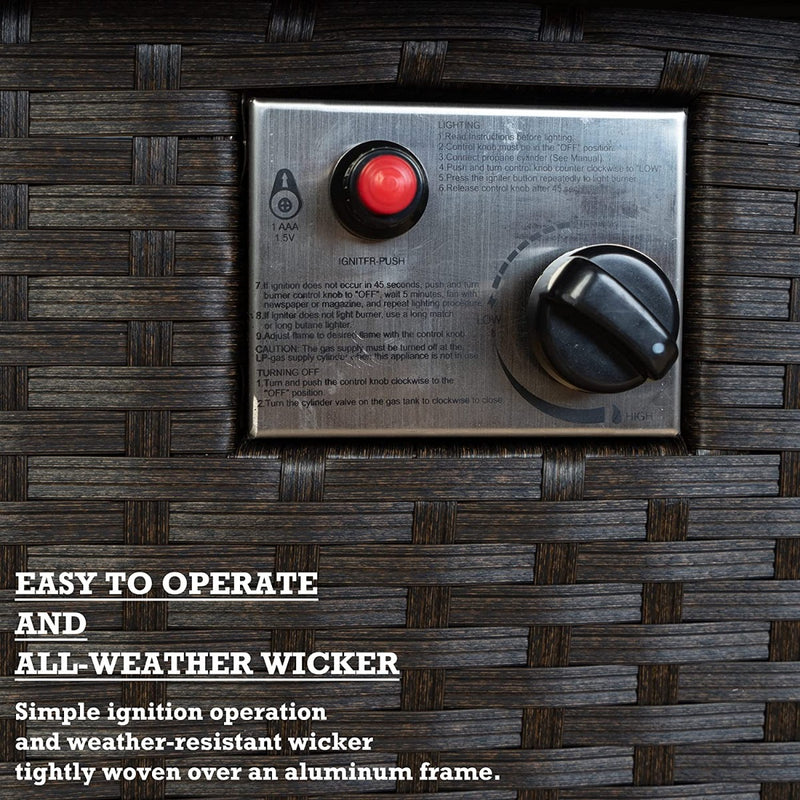 A close - up of the control panel on an outdoor wicker fire pit table. The panel includes a red ignition button labeled "IGNITER-PUSH" and a knob for adjusting the flame with settings from "LOW" to "HIGH." Instructions for lighting and operation are printed on the panel. The text below the image reads "EASY TO OPERATE AND ALL - WEATHER WICKER," highlighting the simple ignition process and the weather - resistant wicker material woven over an aluminum frame. User - Friendly Outdoor Fire Pit Table with Wicker