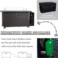 This image showcases an outdoor wicker fire pit table with a hidden storage feature for a gas tank. The table has a control panel on the side and comes with a black cover. The text "HIDEAWAY TANK STORAGE" highlights that the gas tank can be stored underneath the fire pit and easily accessed by opening the side door. An illustration and a photo of the gas tank inside the storage compartment are also included. Outdoor Fire Pit Table with Hidden Gas Tank Storage