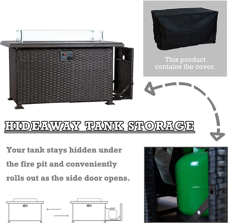 This image showcases an outdoor wicker fire pit table with a hidden storage feature for a gas tank. The table has a control panel on the side and comes with a black cover. The text "HIDEAWAY TANK STORAGE" highlights that the gas tank can be stored underneath the fire pit and easily accessed by opening the side door. An illustration and a photo of the gas tank inside the storage compartment are also included. Outdoor Fire Pit Table with Hidden Gas Tank Storage