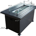 This image shows a rectangular outdoor fire pit table with measurements labeled. The table has a dark - colored wicker base and a slatted tabletop. The fire pit area is equipped with a glass wind - guard. Dimensions include a length of 43.3 inches, width of 24.4 inches, and height of 27.5 inches, with additional measurements for the fire pit and glass guard. Outdoor Fire Pit Table with Dimensions. outdoor fire pit table, wicker fire pit, glass - enclosed fire area, fire pit dimensions, patio heating furnit

