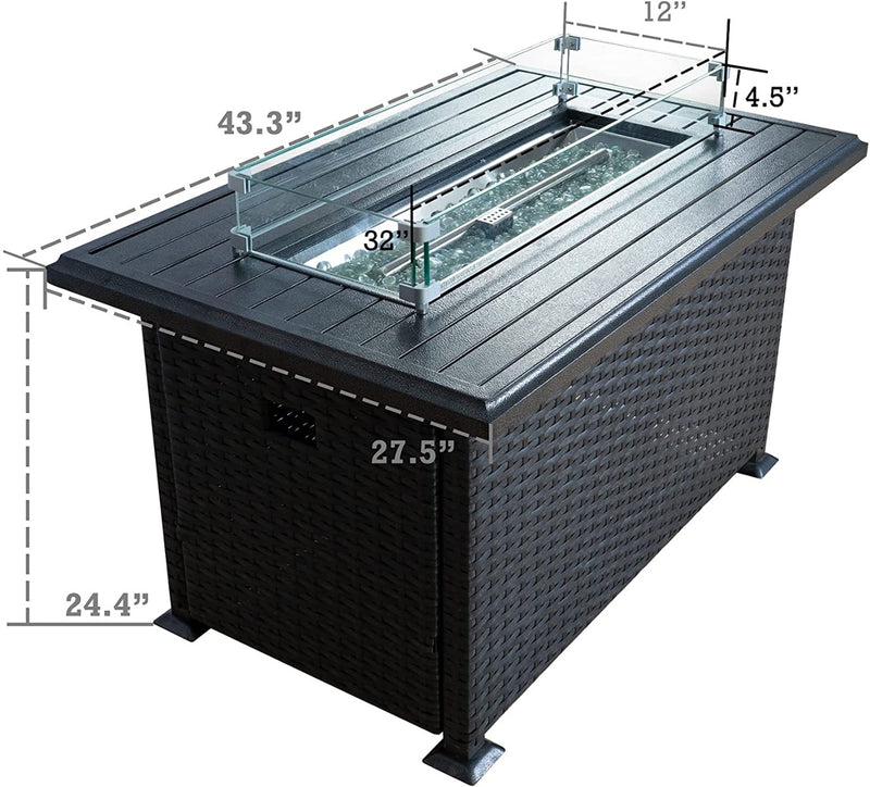 This image shows a rectangular outdoor fire pit table with measurements labeled. The table has a dark - colored wicker base and a slatted tabletop. The fire pit area is equipped with a glass wind - guard. Dimensions include a length of 43.3 inches, width of 24.4 inches, and height of 27.5 inches, with additional measurements for the fire pit and glass guard. Outdoor Fire Pit Table with Dimensions. outdoor fire pit table, wicker fire pit, glass - enclosed fire area, fire pit dimensions, patio heating furnit
