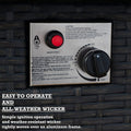 A close - up of the control panel on an outdoor wicker fire pit table. The panel includes a red ignition button labeled "IGNITER-PUSH" and a knob for adjusting the flame with settings from "LOW" to "HIGH." Instructions for lighting and operation are printed on the panel. The text below the image reads "EASY TO OPERATE AND ALL - WEATHER WICKER," highlighting the simple ignition process and the weather - resistant wicker material woven over an aluminum frame. User - Friendly Outdoor Fire Pit Table with Wicker
