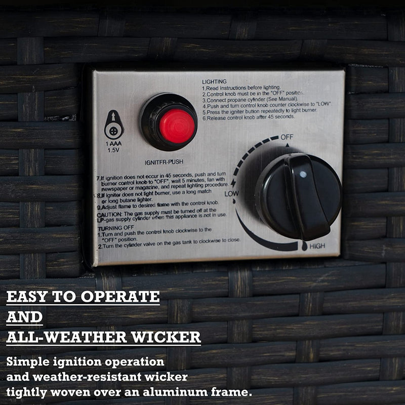 A close - up of the control panel on an outdoor wicker fire pit table. The panel includes a red ignition button labeled "IGNITER-PUSH" and a knob for adjusting the flame with settings from "LOW" to "HIGH." Instructions for lighting and operation are printed on the panel. The text below the image reads "EASY TO OPERATE AND ALL - WEATHER WICKER," highlighting the simple ignition process and the weather - resistant wicker material woven over an aluminum frame. User - Friendly Outdoor Fire Pit Table with Wicker