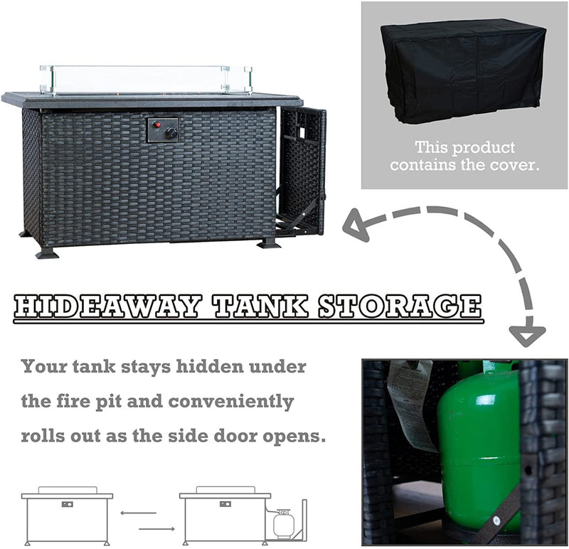 This image showcases an outdoor wicker fire pit table with a hidden storage feature for a gas tank. The table has a control panel on the side and comes with a black cover. The text "HIDEAWAY TANK STORAGE" highlights that the gas tank can be stored underneath the fire pit and easily accessed by opening the side door. An illustration and a photo of the gas tank inside the storage compartment are also included. Outdoor Fire Pit Table with Hidden Gas Tank Storage