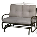 A glider chair with beige cushions, featuring dimensions of 47 inches in width, 33.5 inches in height, and a seat cushion thickness of 6 inches. The chair has a sturdy metal frame with curved arm - rests, and a height of 29.1 inches from the ground to the bottom of the frame. Beige - Cushioned Glider Chair with Dimensions. beige - cushioned glider chair, metal - framed glider, cushioned seating, chair dimensions.