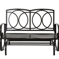 A black metal glider bench without cushions. It features an elegant design with circular patterns on the backrest, curved armrests, and horizontal slats on the seat, providing a sturdy and stylish seating option for outdoor spaces. Black Metal Glider Bench – Cushion - Free Design. black metal glider bench, cushion - free, circular backrest design, curved armrests, outdoor seating.