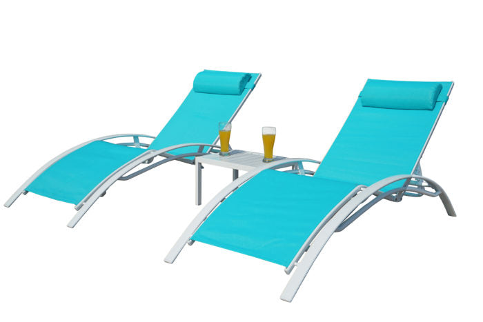 KOZYARD 2 - Pack Turquoise Outdoor Lounge Chairs with Side Table
alt text：A set of two KOZYARD turquoise outdoor lounge chairs with white frames and headrests, accompanied by a side table holding two glasses of beverages. Ideal for patio or poolside relaxation. Keywords: KOZYARD, 2 - pack lounge chairs, turquoise, outdoor relaxation
