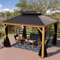 A stylish outdoor aluminum gazebo with a wood - grain finish, featuring a dark metal roof. Set on a wooden deck, it comes with cozy patio furniture including chairs, a sofa, and a coffee table on a patterned rug. Black curtains add a touch of elegance, all surrounded by lush greenery. Elegant Outdoor Aluminum Wood - Grain Gazebo for Relaxation. outdoor gazebo, aluminum wood - grain, dark metal roof, patio furniture, black curtains, relaxation spot