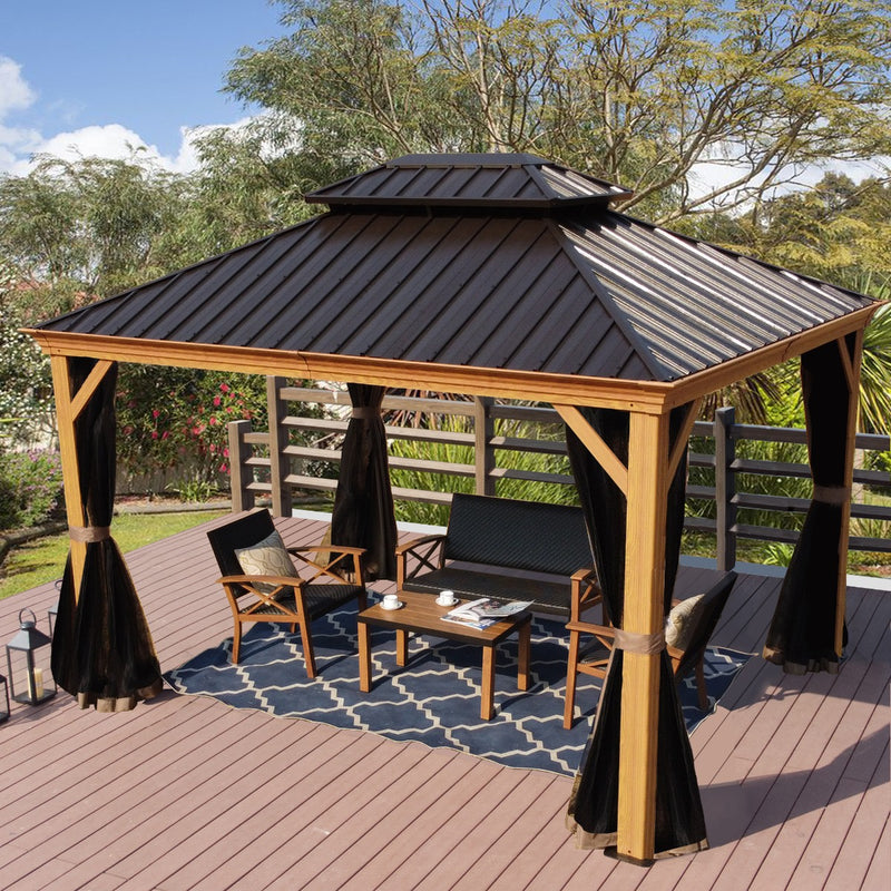 Kozyard Apollo 10’x12’ Hardtop Gazebo, Wooden Coated Aluminum Frame Canopy with Galvanized Steel Double Roof, Outdoor Permanent Metal Pavilion with Netting for Patio, Deck and Lawn