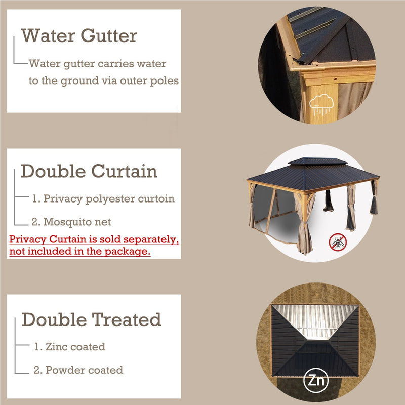 This image highlights the key features of an outdoor barbecue gazebo. It shows a water gutter system that channels water to the ground through outer poles. There's a mention of double - curtain options, including a privacy polyester curtain (sold separately) and a mosquito net. Also, the structure is double - treated with zinc coating and powder coating for durability. Functional Features of an Outdoor Barbecue Gazebo. outdoor barbecue gazebo, water gutter, double curtain, privacy curtain, mosquito net, zin