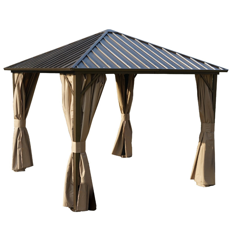 Outdoor Gazebo with Beige Curtains
An outdoor gazebo featuring a metal roof and beige curtains, suitable for patio or garden use. Keywords: outdoor gazebo, metal - roofed gazebo, beige curtains