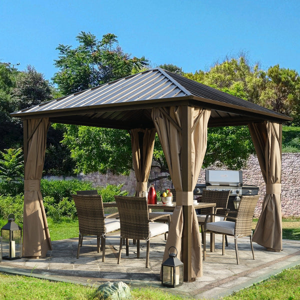 Outdoor Hardtop Gazebo with Curtains
An outdoor hardtop gazebo with curtains, set up on a patio near a pool, accompanied by outdoor chairs and a dining table. Keywords: outdoor gazebo, hardtop gazebo, patio gazebo
