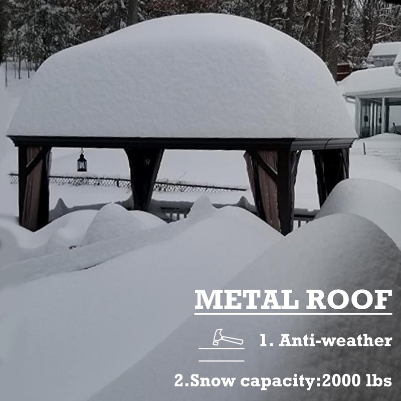 Metal Roof Gazebo with High Snow Capacity
A gazebo with a metal roof covered in snow, highlighting its anti - weather properties and a snow capacity of 2000 lbs. Keywords: metal roof gazebo, anti - weather, snow capacity