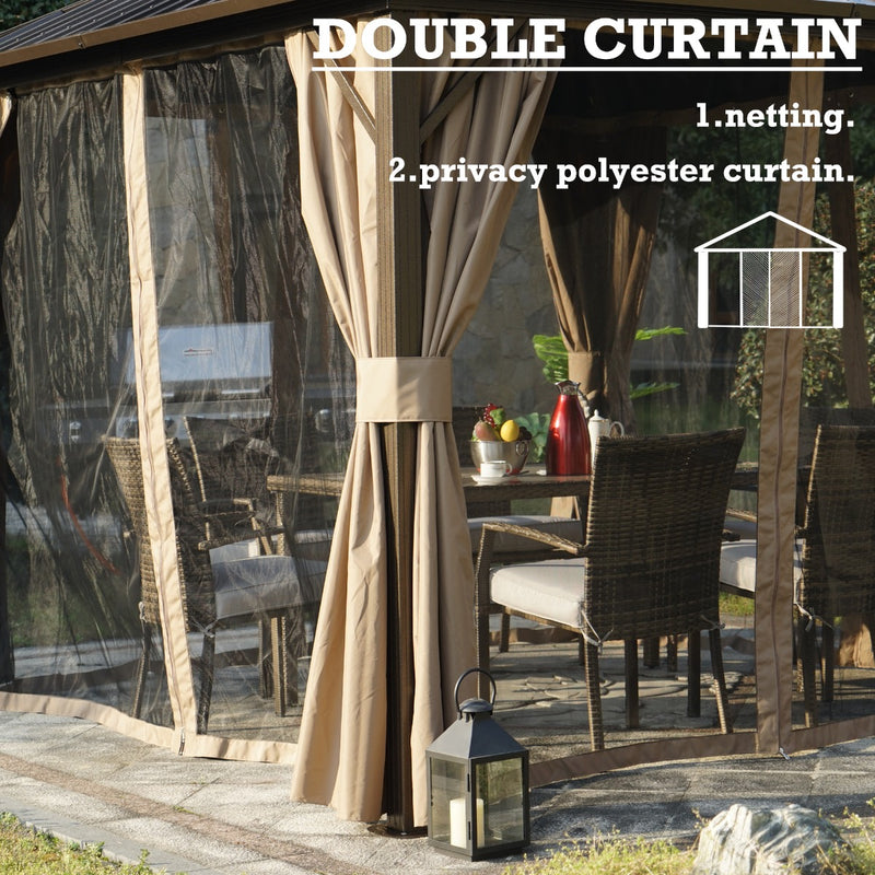 Gazebo with Dual - Function Curtains
A gazebo featuring double curtains, including netting for insect protection and a privacy polyester curtain, with outdoor furniture inside. Keywords: gazebo, double curtains, netting, privacy curtain