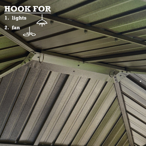 Gazebo Ceiling Hooks for Lights and Fans
A close - up of a gazebo's ceiling showing hooks, which can be used for hanging lights and fans. Keywords: gazebo hooks, ceiling hooks, hanging lights, hanging fans