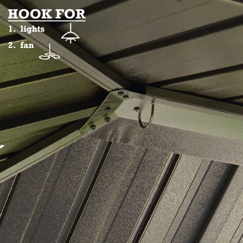 Gazebo Ceiling Hooks for Lights and Fans
A close - up of a gazebo's ceiling showing hooks, which can be used for hanging lights and fans. Keywords: gazebo hooks, ceiling hooks, hanging lights, hanging fans
