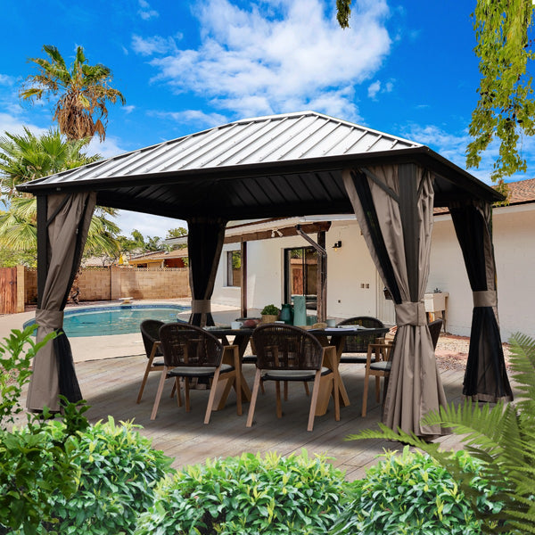 An outdoor hardtop gazebo with curtains, set up on a patio near a pool, accompanied by outdoor chairs and a dining table. Keywords: outdoor gazebo, hardtop gazebo, patio gazebo