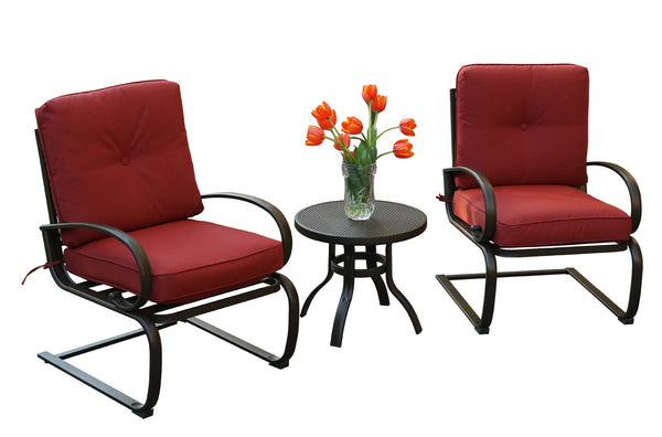 Title: 3-Piece Patio Set with Red Cushions and Tulip Centerpiece
Alt Text: 3-piece patio set featuring two chairs with red cushions and a round table, decorated with a vase of orange tulips.
Keywords: 3-piece patio set, red cushion chairs, outdoor patio furniture, round patio table, tulip centerpiece, garden seating, outdoor decor