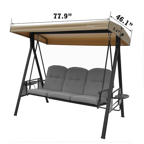Outdoor Swing Bench with Dimensions
An outdoor swing bench featuring a beige canopy and grey cushions, with dimensions labeled (77.9" length, 46.1" width, 7.1" canopy height). It includes side mesh pockets and a cup holder, ideal for patio relaxation.