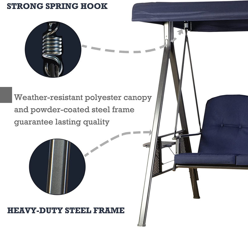 Outdoor Swing Bench - Durability Features
An illustration highlighting the durability features of an outdoor swing bench, including a strong spring hook, weather - resistant polyester canopy, and heavy - duty powder - coated steel frame. Ideal for showcasing its robust construction and long - lasting quality.
