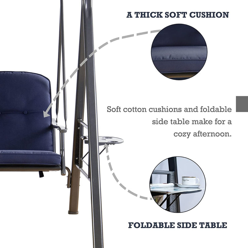 Outdoor Swing Bench - Comfort Features
An illustration highlighting the comfort features of an outdoor swing bench, including a thick soft cushion made of soft cotton and a foldable side table. Ideal for showcasing its inviting and cozy design elements for relaxation.
