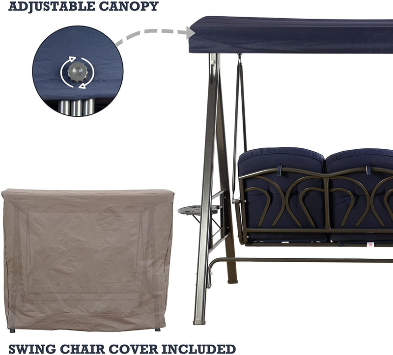 Kozyard Herbert 3 Person Outdoor Duluxe Patio Swing with Thick Comfortable Cushion,Waterproof Winter/Rain Cover (3 Color Options)