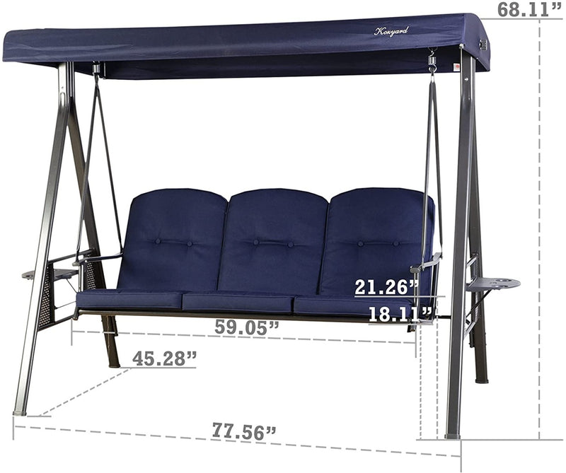 Navy Blue Outdoor Swing Bench Dimensions
A navy blue outdoor swing bench with labeled dimensions, such as overall height (68.11"), seat width (59.05"), etc. Ideal for understanding its size and suitability for various outdoor spaces.