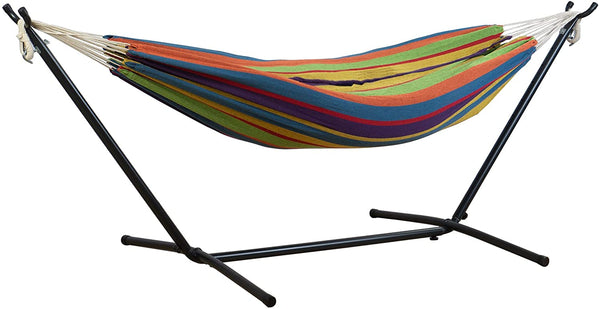 A vibrant, multi - colored hammock with horizontal stripes, suspended from a sturdy black metal stand. Ideal for outdoor relaxation, it combines comfort with a lively aesthetic. Colorful Striped Hammock with Metal Stand for Outdoor Relaxation. hammock, colorful stripes, metal stand, outdoor relaxation.