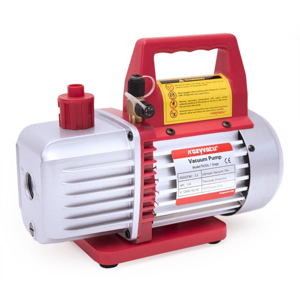 Title: Kozyvacu TA350 Vacuum Pump - 1-Stage, 3.5 CFM, 1/4 HP
Alt Text: Kozyvacu TA350 1-stage vacuum pump with 3.5 CFM, 1/4 HP, red handle, and oil sight glass, on a white background.
Keywords: Kozyvacu TA350, 1-stage vacuum pump, 3.5 CFM, 1/4 HP, HVAC tool, refrigeration equipment, oil sight glass, red handle, vacuum pump, air conditioning repair.