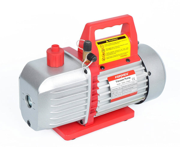 "Alt text: A Kozyvacu TA350 1-stage vacuum pump with a red handle and base, featuring a metallic body, oil sight glass, and warning label, placed against a white background. vacuum pump, Kozyvacu TA350, 1-stage pump, HVAC tool, refrigeration equipment, oil sight glass, red handle, industrial pump, air conditioning repair, maintenance tool."