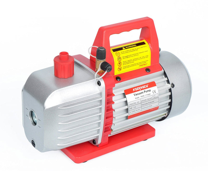 "Alt text: A Kozyvacu TA350 1-stage vacuum pump with a red handle and base, featuring a metallic body, oil sight glass, and warning label, placed against a white background. vacuum pump, Kozyvacu TA350, 1-stage pump, HVAC tool, refrigeration equipment, oil sight glass, red handle, industrial pump, air conditioning repair, maintenance tool."
