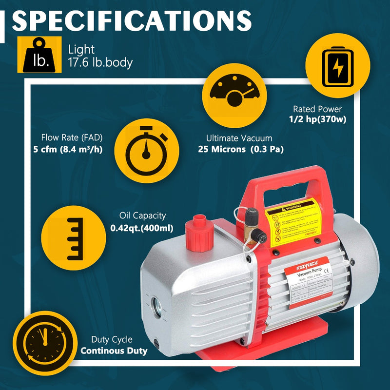 Kozyvacu TA350 vacuum pump with specifications: 5 CFM flow rate, 25 microns ultimate vacuum, 1/2 HP (370W) power, 0.42 qt (400ml) oil capacity, 17.6 lb weight, continuous duty cycle, on a blue background. 
 Kozyvacu TA350, vacuum pump specs, 5 CFM, 1/2 HP, 17.6 lb, HVAC tool, refrigeration equipment, continuous duty, oil capacity, ultimate vacuum.