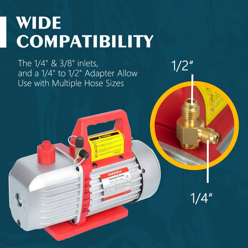  Kozyvacu vacuum pump with wide compatibility, featuring 1/4" and 3/8" inlets, and a 1/4" to 1/2" adapter for multiple hose sizes, on a blue background.
Kozyvacu vacuum pump, wide compatibility, 1/4" inlet, 3/8" inlet, 1/2" adapter, multiple hose sizes, HVAC tool, refrigeration equipment, vacuum pump compatibility.
Think harder
more technical details
vacuum pump maintenance
